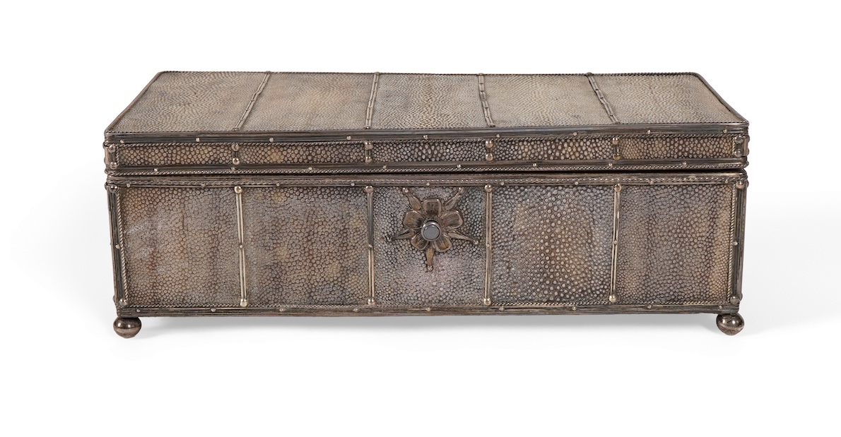 An early 20th century Arts & Crafts silver and shagreen mounted cigarette box with hinged cover, by John Paul Cooper